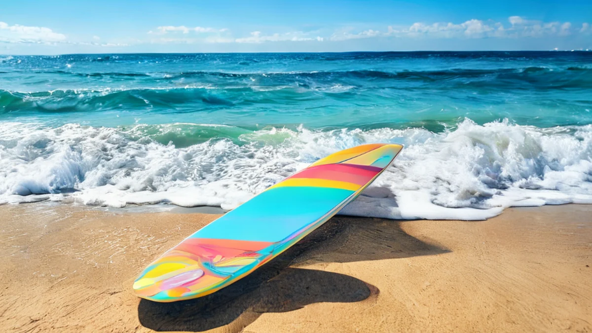 Een surfboard ligt op een zandige strand, verder zicht je golven.