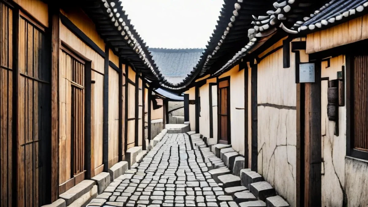 伝統的な韓国の漢屋の通りで、石畳の道と木造の屋根が見える。