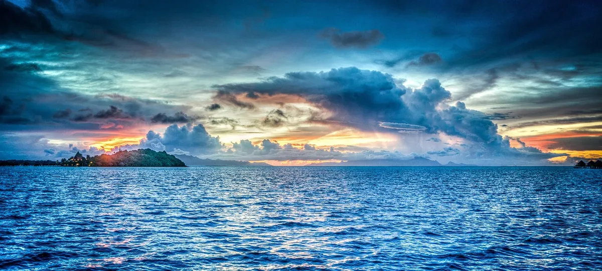 bora-bora, french polynesia, sunset, ocean, pacific, tahiti, tropical, vacation, island, water, paradise, sea, travel, nature, tourism, exotic, coast, destinati