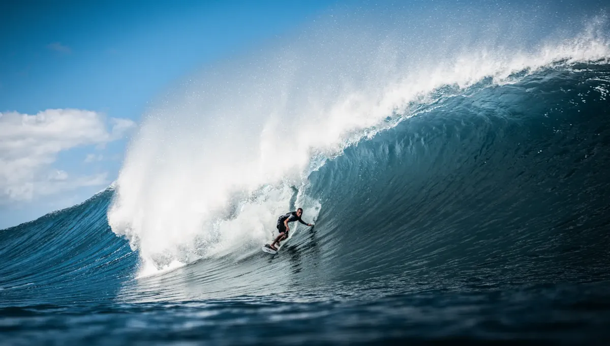 Experience the thrill of surfing massive ocean waves in sunny Honolulu, Hawaii.